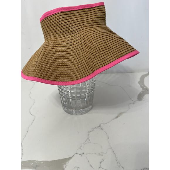 David Young Women Wide Brim Woven Sun Visor Hat Pink Trim Packable Beach Resort - Picture 1 of 4